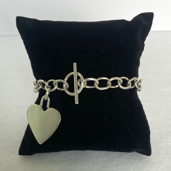 Sterling Silver 925 Cable Chain Blank Engraveable Heart Charm Bracelet 7.25" - Picture 11 of 16